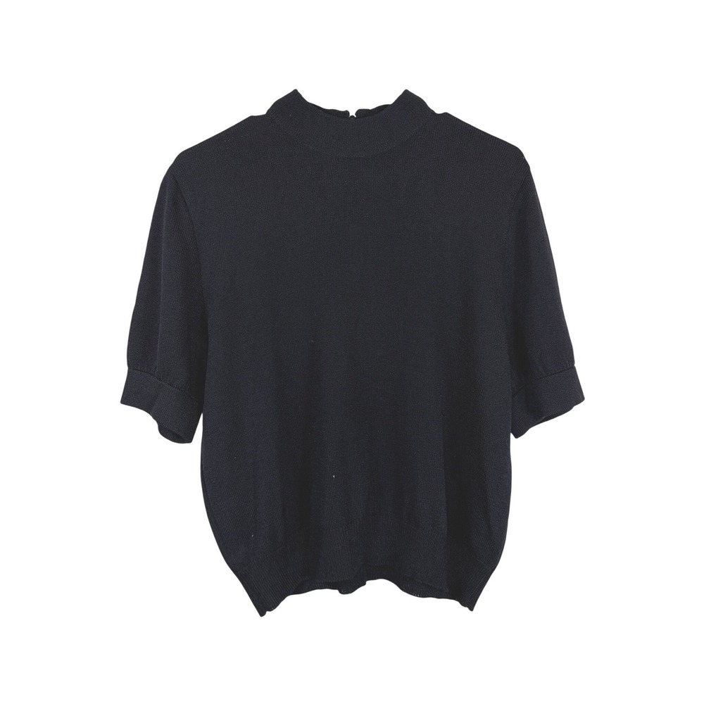 St. John Basics Vintage Santana Knit Short Sleeve Back Zip Black Top Size Lg